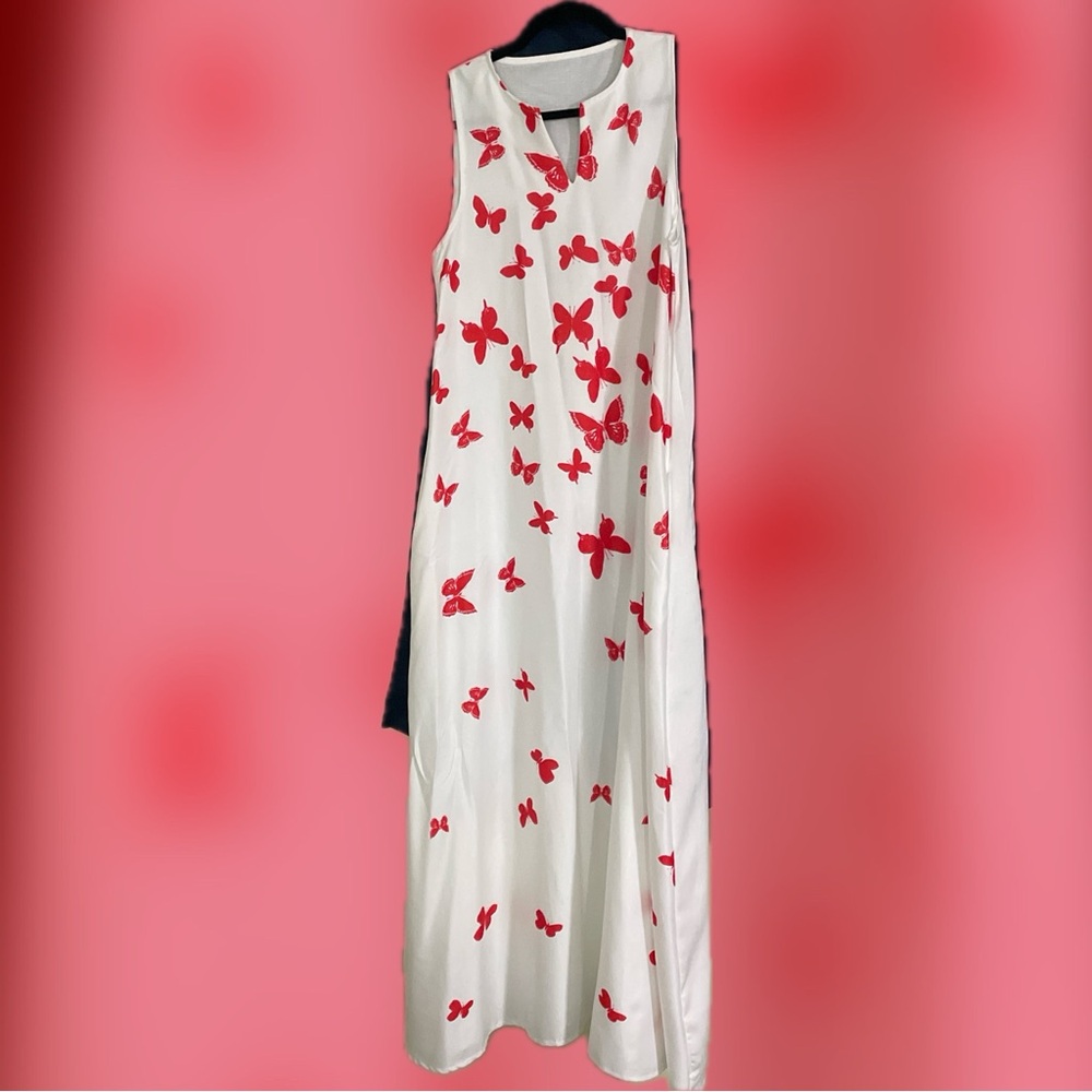 Vintage White Maxi Dress with Red Butterfly Print